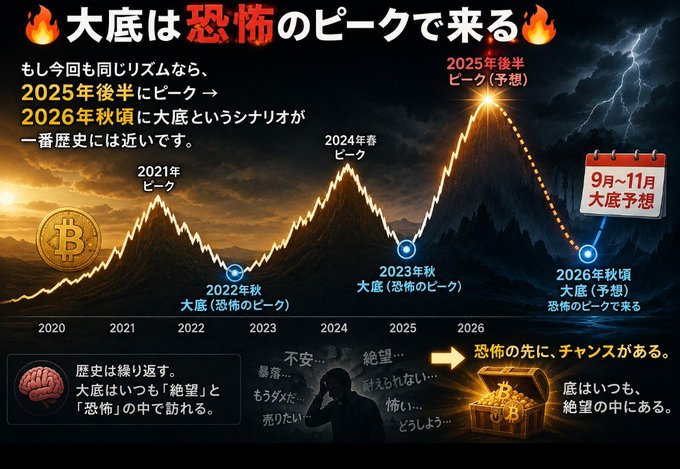 A Japanese-language chart predicts a Bitcoin market cycle, showing peaks in 2021 and 2024 with the next major peak expected in late 2025, followed by a market bottom ("大底") around autumn 2026.