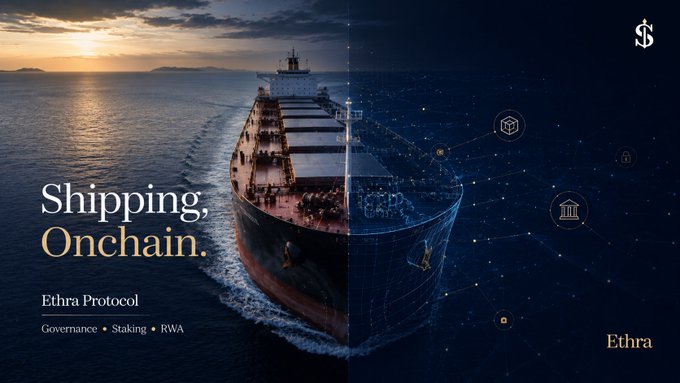 A promotional banner for Ethra Protocol featuring a cargo ship at sunset with 'Shipping, Onchain.' text and an overlay of blockchain network graphics.