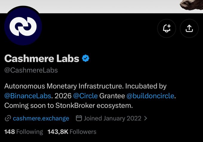 The image shows a Twitter/X profile for "Cashmere Labs" (@CashmereLabs), displaying 143.8K followers and describing it as "Autonomous Monetary Infrastructure. Incubated by @BinanceLabs. 2026 @Circle Grantee @buildoncircle. Coming soon to StonkBroker ecosystem." The profile relates to the accompanying post about an upcoming NFT mint on the StonkBroker ecosystem, confirming Cashmere Labs as the project behind the 6,666 supply free mint on the Robinhood chain.