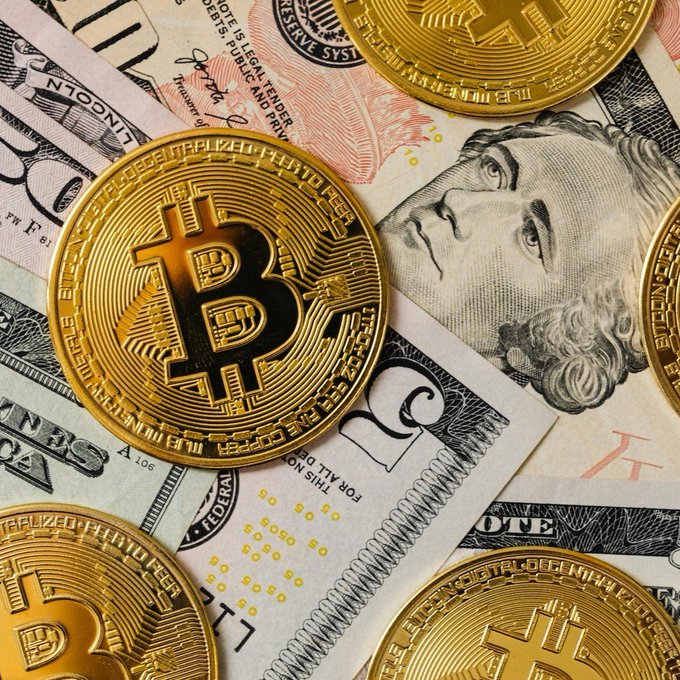Several gold Bitcoin tokens rest on top of United States twenty-dollar bills featuring Andrew Jackson's portrait.
