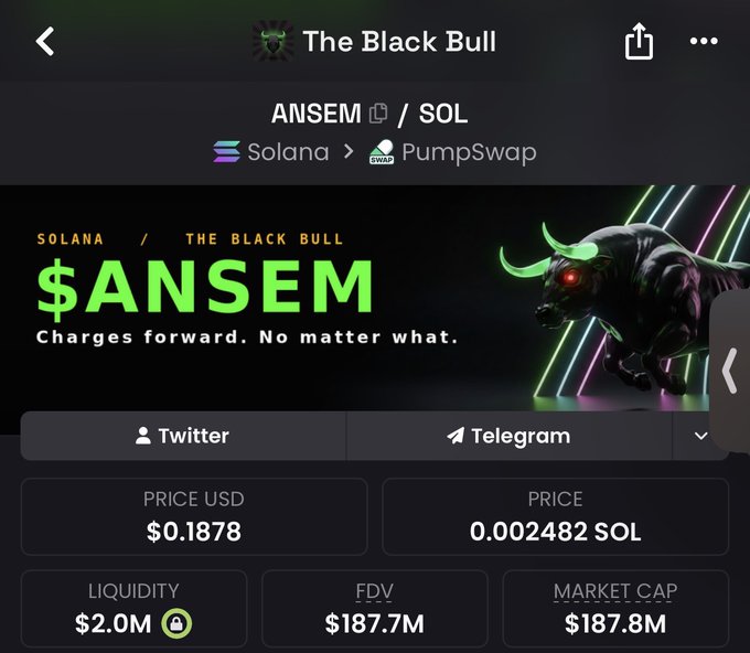 The image shows a cryptocurrency tracking page for $ANSEM on Solana's PumpSwap, displaying a market cap of $187.8M and FDV of $187.7M, with a price of $0.1878. This aligns with the post celebrating $ANSEM reclaiming its market cap above $180 million.