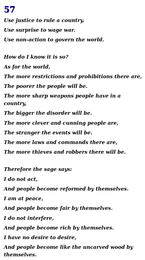 A text excerpt of Chapter 57 from the Tao Te Ching, beginning with "Use justice to rule a country. Use surprise to wage war. Use non-action to govern the world," and concluding with the sage's wisdom about non-interference.
