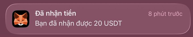 A notification in Vietnamese reading 'Đã nhận tiền - Bạn đã nhận được 20 USDT' (Money received - You have received 20 USDT), dated 8 minutes ago, with a fox profile icon.