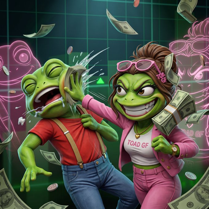 Two anthropomorphic toads dressed as characters—one male in a red shirt being slapped across the face by a confident female toad wearing pink sunglasses and a "TOAD GF" shirt holding a stack of cash, surrounded by flying money bills and neon "TOAD GF" signage in the background—visually representing the meme token's confident promise to support investors right after they buy in.
