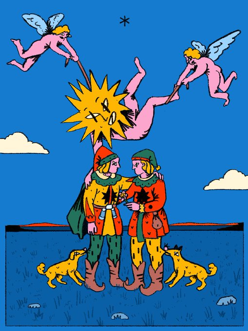 A colorful illustration featuring cherubs, a sun-like figure with a face, two jesters, and yellow dogs against a blue sky.