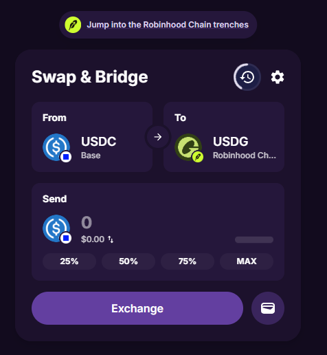 A crypto 'Swap & Bridge' interface allowing users to exchange USDC on Base for USDG on Robinhood Chain, with an 'Exchange' button and a banner reading 'Jump into the Robinhood Chain trenches'.