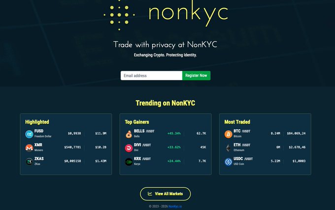 Screenshot of the NonKYC cryptocurrency exchange homepage with the tagline 'Trade with privacy at NonKYC' and a 'Register Now' button, showing trending markets including FUSD/XMR, BELL/USDT (+45.34%), DRW/USDT (+33.62%), and KRKZ/USDT (+24.64%).