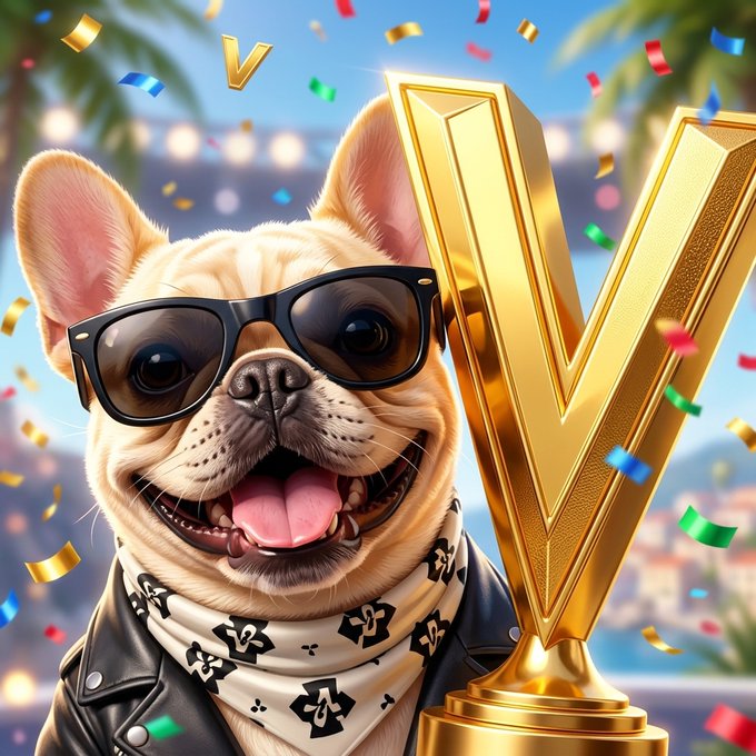 A digital illustration of a smiling French Bulldog wearing black sunglasses and a bandana, posed next to a large golden 'V' trophy with colorful confetti falling in the background.