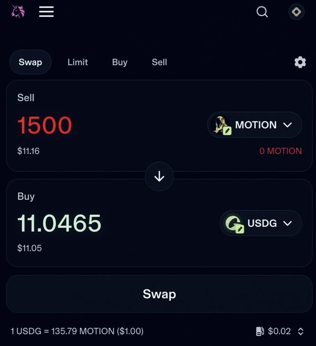 A screenshot of a Swap interface showing the sale of 1500 MOTION tokens (~$11.16) for 11.04665 USDG (~$11.05), with an exchange rate of 1 USDG = 135.79 MOTION. The image illustrates the kind of MOTION token transaction referenced in the post's tipping campaign, where users are encouraged to swap and tip MOTION tokens.