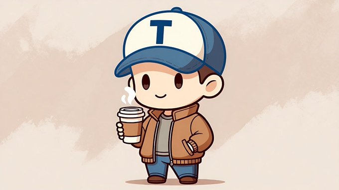 A cute cartoon character wearing a blue and white cap with the letter "T" holds a steaming cup of coffee, paired with a "GM! Happy Saturday" post inviting followers to enjoy coffee and toffee.