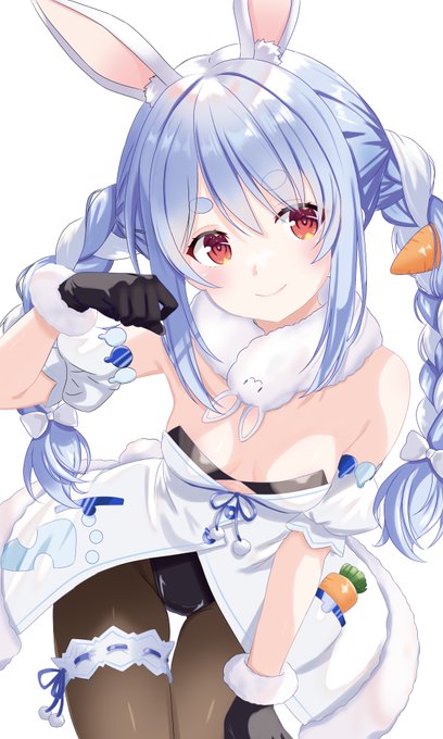 The image depicts an anime-style character with light blue hair in twin braids, bunny ears, and a carrot hair accessory, wearing a white fur-trimmed bunny outfit—the official mascot design of Usada Pekora from Hololive. The fan art caption expresses the artist's excitement over creating their first Pekora fan art and a successful collaboration with "Remus," celebrating the character's cute design.