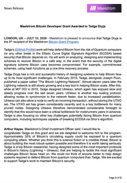 Page 1 of 2 news release announcing that 'Masttroom Bitcoin Developer Grant Awarded to Taifgo.Dryla' for the 4th Bitcoin (Ordinals) hack event, alongside a photo of four smiling men on stage, one holding a microphone.