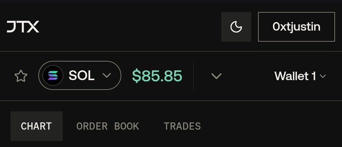 JTX cryptocurrency exchange interface showing a SOL balance of $85.85 connected to '0xtjustin' with Wallet 1 navigation options.
