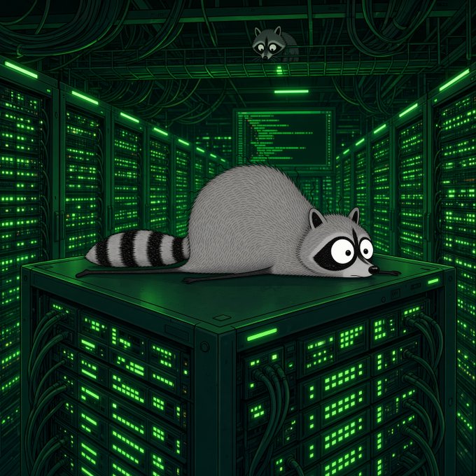 A digital illustration depicts a cartoon raccoon lying on top of a server in a data center filled with glowing green server racks, with another raccoon peeking down from a walkway above.