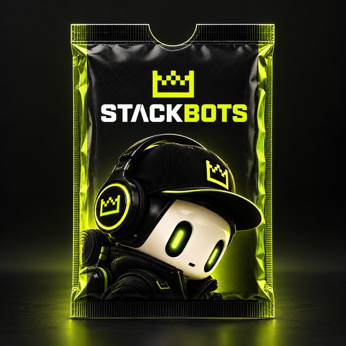 A sealed "STACKBOTS" collectible package featuring a green-lit robot character wearing a branded cap and headphones, paired with a corrected NFT mint pricing announcement for Phases 2–4 in ETH.