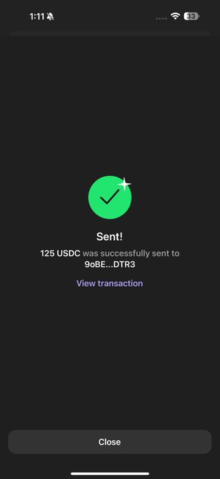 A screenshot of a successful transaction confirmation screen showing "Sent! 125 USDC was successfully sent to 9oBE...DTR3" with a green checkmark, supporting the post's claim of sending a crypto reward to a follower.