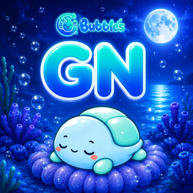 An underwater-themed graphic features a cute blue cartoon character resting on a coral, with the text "Bubbles GN" glowing above against a night sky with a full moon.