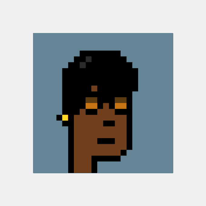 A minimalist pixel art illustration depicts a person's face with dark hair and yellow eyes against a blue background.