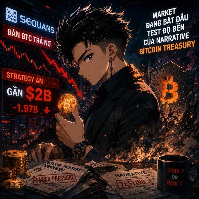 The image presents a man wearing black clothing holding up a coin in his hand while seated at a table. The scene suggests that he is making a decision about selling Bitcoins, as indicated by the presence of the word "SEQUANS" on the poster. The text on the poster mentions the Sequans SELLS $BTC to pay off debt and mentions Strategy's unrealized losses near $2B, indicating a financial situation where someone might be making a risky trading strategy or trying to manage their finances in this context.