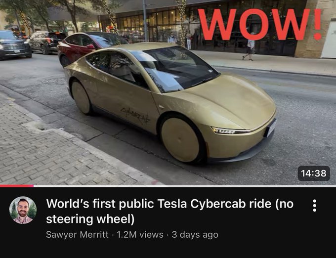 A YouTube video thumbnail titled 'World's first public Tesla Cybercab ride (no steering wheel)' by Sawyer Merritt, showing a gold, wheel-cover-clad Tesla Cybercab parked on a street with 'WOW!' in red text.