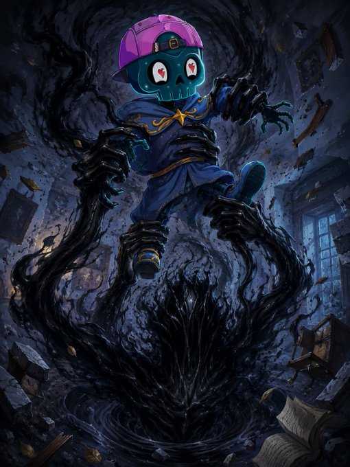 Dark fantasy illustration of a skeletal character wearing a purple cap and blue outfit, surrounded by swirling black tendrils and floating debris in a shadowy environment.