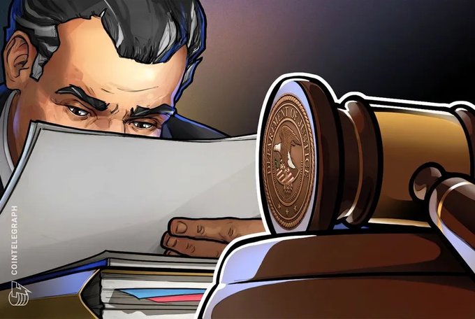 A digital illustration shows a stern-looking man with slicked-back dark hair reading documents, with a wooden judge's gavel featuring a Department of Justice seal in the foreground; the image is credited to Cointelegraph.