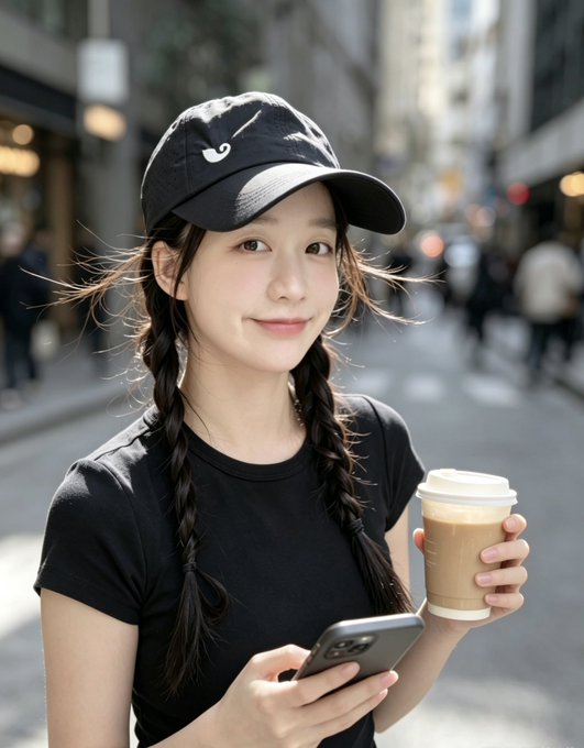 A young woman wearing a black Nike cap and t-shirt holds a coffee cup and smartphone while standing on a city street.