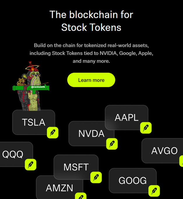 An advertisement for a blockchain platform features the headline 'The blockchain for Stock Tokens' and showcases tickers like TSLA, AAPL, NVDA, QQQ, AVGO, MSFT, GOOG, and AMZN, with a cartoon bulldog character holding a 'GreenChain' bar.