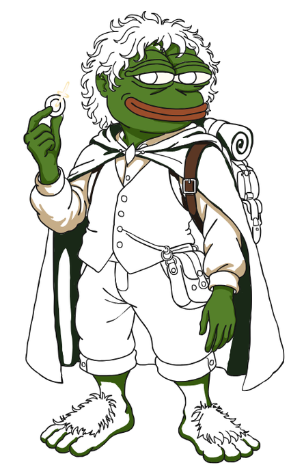 An illustration of a Pepe the Frog character dressed in a white wizard/cleric outfit with a cape, backpack, and furry boots, holding up a glowing ring.