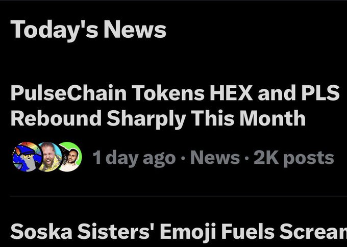A news feed snippet with the header "Today's News" and headline "PulseChain Tokens HEX and PLS Rebound Sharply This Month," posted 1 day ago in News with 2K posts.