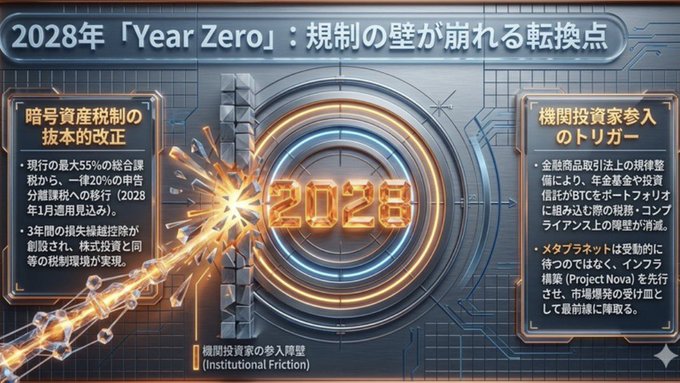An infographic titled "2028年「Year Zero」: 規制の壁が崩れる転換点" (2028 "Year Zero": The Turning Point Where Regulatory Walls Collapse) features a central "2028" lock-and-key design flanked by panels detailing "暗号資産税制の抜本的改正" (radical crypto tax reform) and "機関投資家参入のトリガー" (triggers for institutional investor entry), supporting the post's bullish outlook on Metaplanet by illustrating the expected Japanese regulatory and financial product reforms (including Bitcoin ETFs and Project Nova) poised to drive massive institutional capital into Bitcoin by 2028.