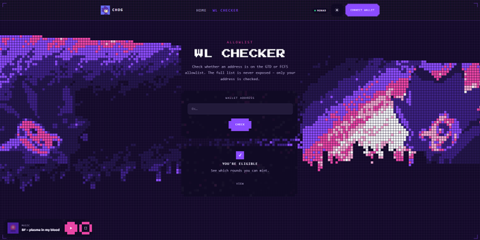 A website screenshot for 'CHOE WL CHECKER' featuring a dark purple pixel-art background with the text 'ALLOWLIST WL CHECKER' and a wallet address input field.