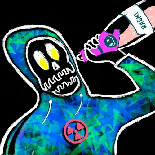The image features a cartoon illustration of a person wearing a blue hoodie with a skull design, holding a bottle of champagne up to their face as if they are about to drink from it. The background of the image is black, which contrasts with the colorful elements in the foreground and adds depth to the scene. The post that this image appears to be related to has been tagged with the hashtag #rektguy, possibly indicating a sale or promotion for the artwork.