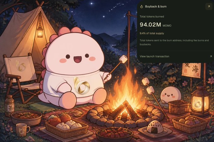 A cute pink axolotl-like character roasts marshmallows by a cozy campfire under a starry night sky, surrounded by camping gear, lanterns, and an array of snacks including dumplings and rice balls, with a data panel in the upper right displaying "Buyback & burn," "Total tokens burned 94.02M MOMO," and "9.4% of total supply," visually celebrating the milestone burn of $MOMO tokens as referenced in the accompanying update post.