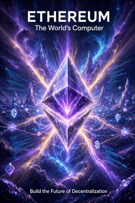 A vibrant purple and blue space-themed graphic advertising Ethereum with the tagline "The World's Computer" and "Build the Future of Decentralization," featuring the Ethereum logo in the center.