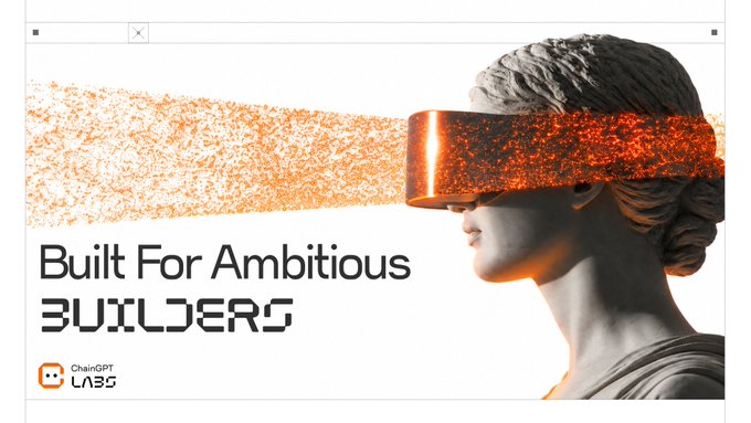 A promotional graphic features a marble bust wearing a futuristic orange visor, with the text "Built For Ambitious Builders" and the ChainGPT Labs logo, directly tying into the post's call for applications to their summer residency program offering virtual founder support, mentorship, and up to $400K in capital pathways.