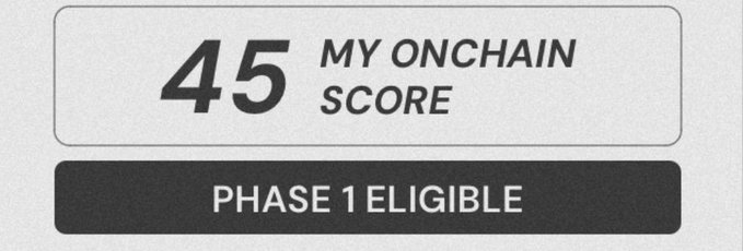 A digital badge displays "45 MY ONCHAIN SCORE" above a black banner reading "PHASE 1 ELIGIBLE," confirming the user's qualification for Trace's Phase 1 mint, which has a supply of 7,777 and a price of 0.0033E.