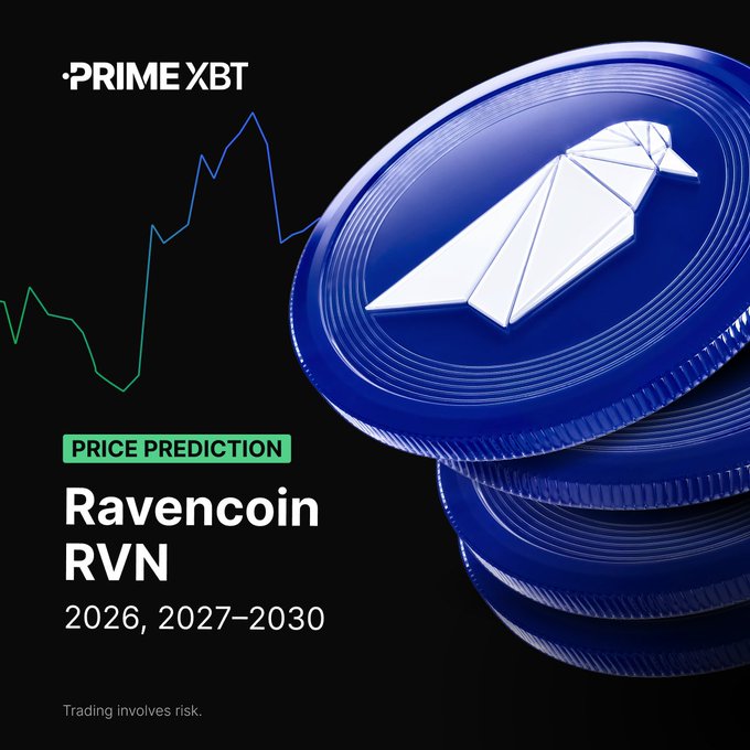 A promotional graphic from PrimeXBT for a Ravencoin (RVN) price prediction covering 2026, 2027-2030, featuring stacked Ravencoin tokens and a price chart.