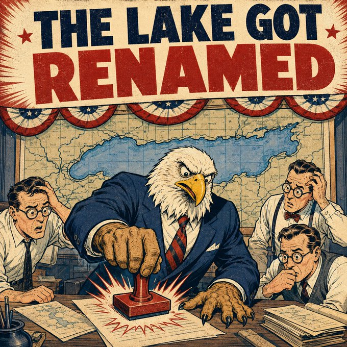 A vintage-style illustration titled 'THE LAKE GOT RENAMED' depicting an anthropomorphic bald eagle in a suit stamping a document with 'RENAME' while distressed human officials look on, with a map of a lake in the background.