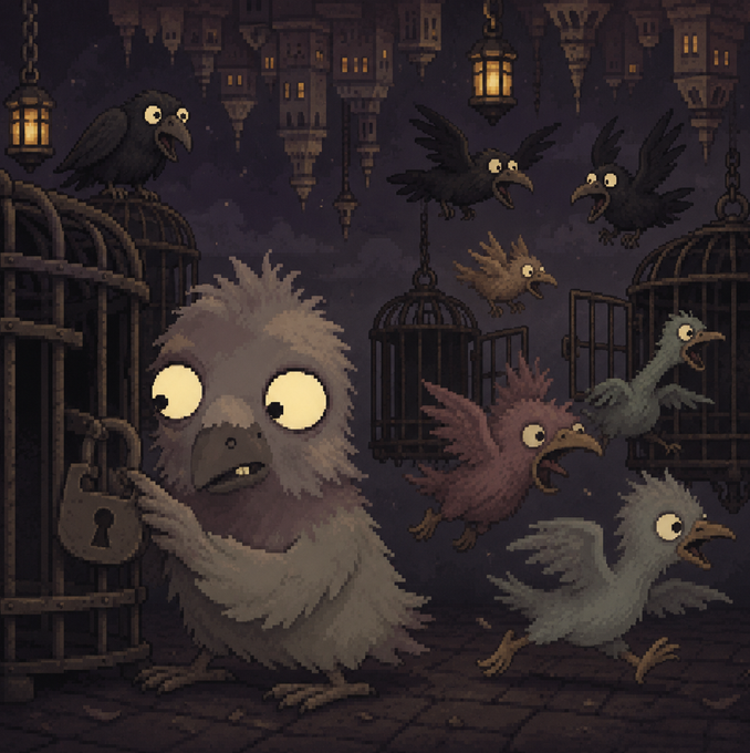 A whimsical, dark illustration of a fluffy bird holding a padlock next to open cages, with other birds flying around in a setting featuring hanging lanterns and an upside-down city.