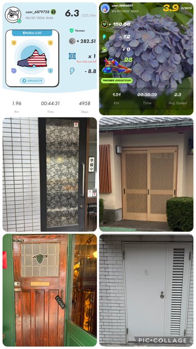 A collage featuring screenshots from the Strava running app showing activity stats (1.96 km, 00:44:31, 4958 steps), a Pokemon GO capture of a berry (3.9 CP), and various photos of residential front doors and entrances.