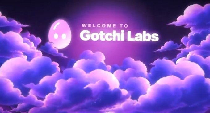 A purple-themed digital graphic reads 'WELCOME TO Gotchi Labs' featuring a glowing pink ghost-like character floating among stylized clouds.