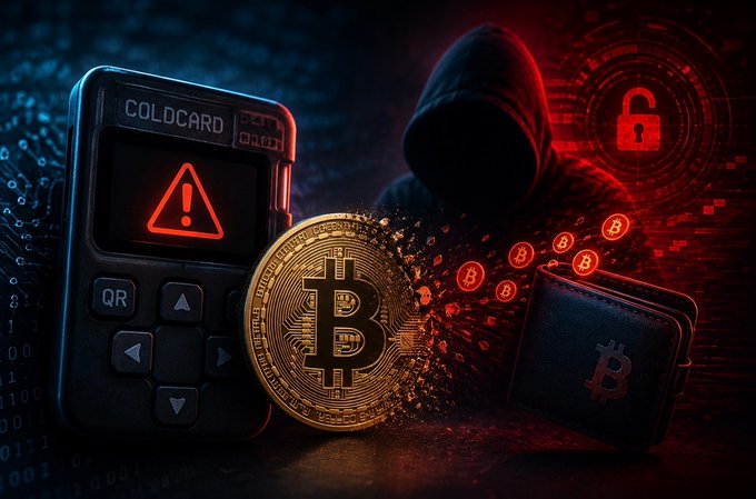 A digital illustration depicting cryptocurrency security, featuring a COLDCARD hardware wallet displaying a warning symbol, a physical Bitcoin coin, a hooded figure in the background, and a wallet with Bitcoin symbols under red digital lighting.
