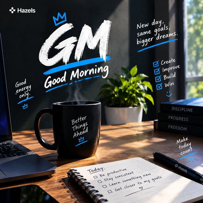 A motivational graphic featuring a steaming black mug that says 'Better Things Ahead' on a desk with a notebook and pen, alongside chalk-style text reading 'GM Good Morning' and a checklist including 'Create, Improve, Build, Win,' branded with 'Hazels.'