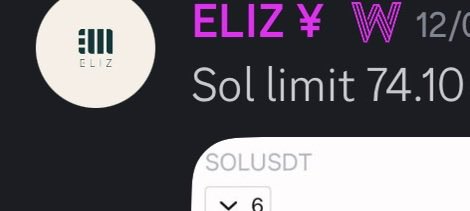 The image shows a trading alert card from "ELIZ ¥ Wealth Group" dated 12/0[?], highlighting a Solana (SOL) trading setup with "Sol limit 74.10" and the SOLUSDT ticker indicating a 6% threshold, aligning with the post's mention of a $SOL limit alert.