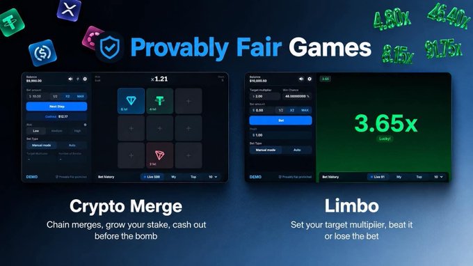 Promotional graphic for "Provably Fair Games" featuring two crypto gambling interfaces: "Crypto Merge" and "Limbo," with multipliers like 4.30x and 3.65x displayed.