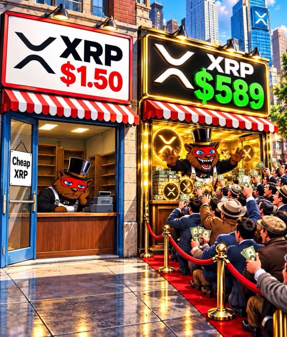 A satirical illustration contrasting two cryptocurrency storefronts: a "Cheap XRP" store priced at $1.50 with an empty interior, and an extravagant XRP store priced at $589 with a red carpet, velvet ropes, and crowds of eager customers.