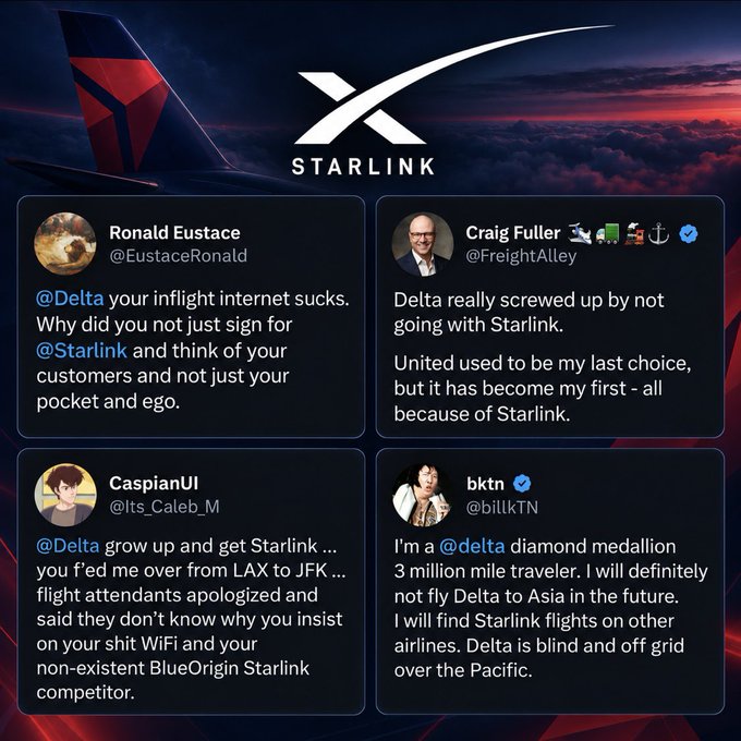 A Starlink promotional graphic displaying customer complaints about Delta Airlines' inflight internet, featuring tweets from Ronald Eustace (@EustaceRonald), Craig Fuller (@FreightAlley), CaspianUI (@Its_Caleb_M), and bktn (@billkTN).