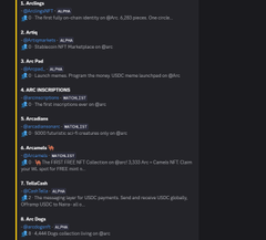 A screenshot of a text document listing Arc-related projects, infrastructure, memecoins, and bridges (Acet, ArcPump, Blockradar, Hinkal, ACT, Flags, G Dog, Maskboy), corresponding to the categorized breakdown of the Arc ecosystem shared in the post.
