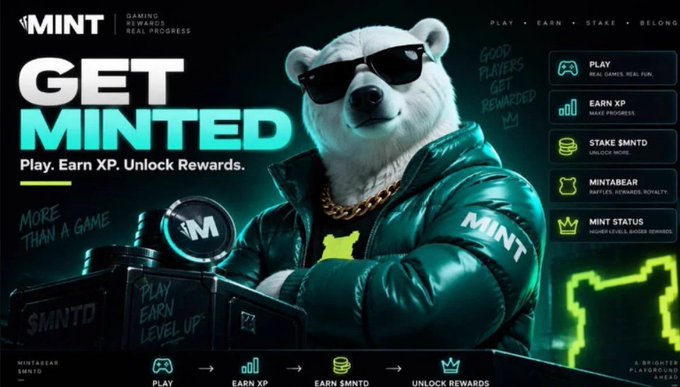 A promotional graphic for MINT featuring a polar bear wearing sunglasses and a green jacket, advertising 'GET MINTED' to play, earn XP, and unlock rewards.